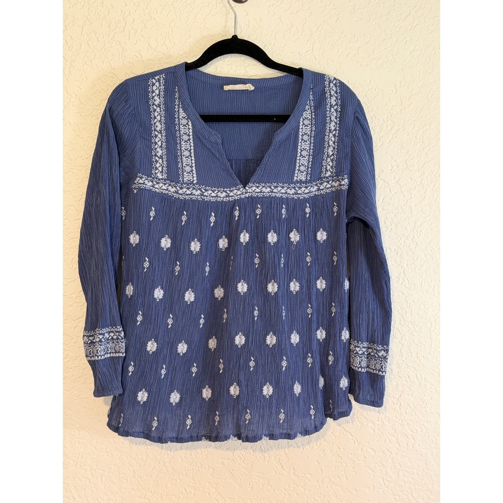 Lucky Brand Embroidered Peasant Top Blue L Womens Popover Boho Gauze Blouse - Picture 9 of 14